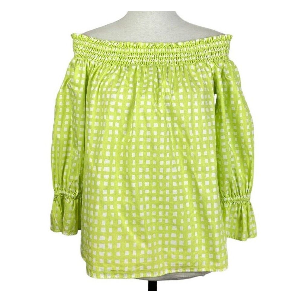 Crown & Ivy‎ Women's Off-Shoulder Green White Checked Top 3/4 Elastic Sleeve XS